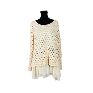 Women's Beige Blouse Chiffon Knit Layered Long Sleeve Medium Top Pullover